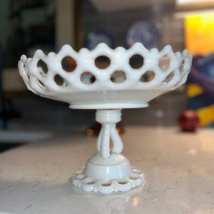 Vintage Milk Glass Westmoreland Colony Lace Pedestal Fruit Bowl, Footed dish